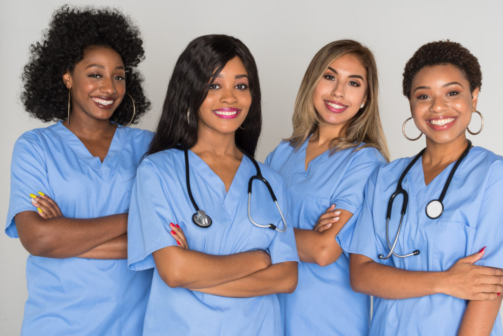 Large group of female nurses working together